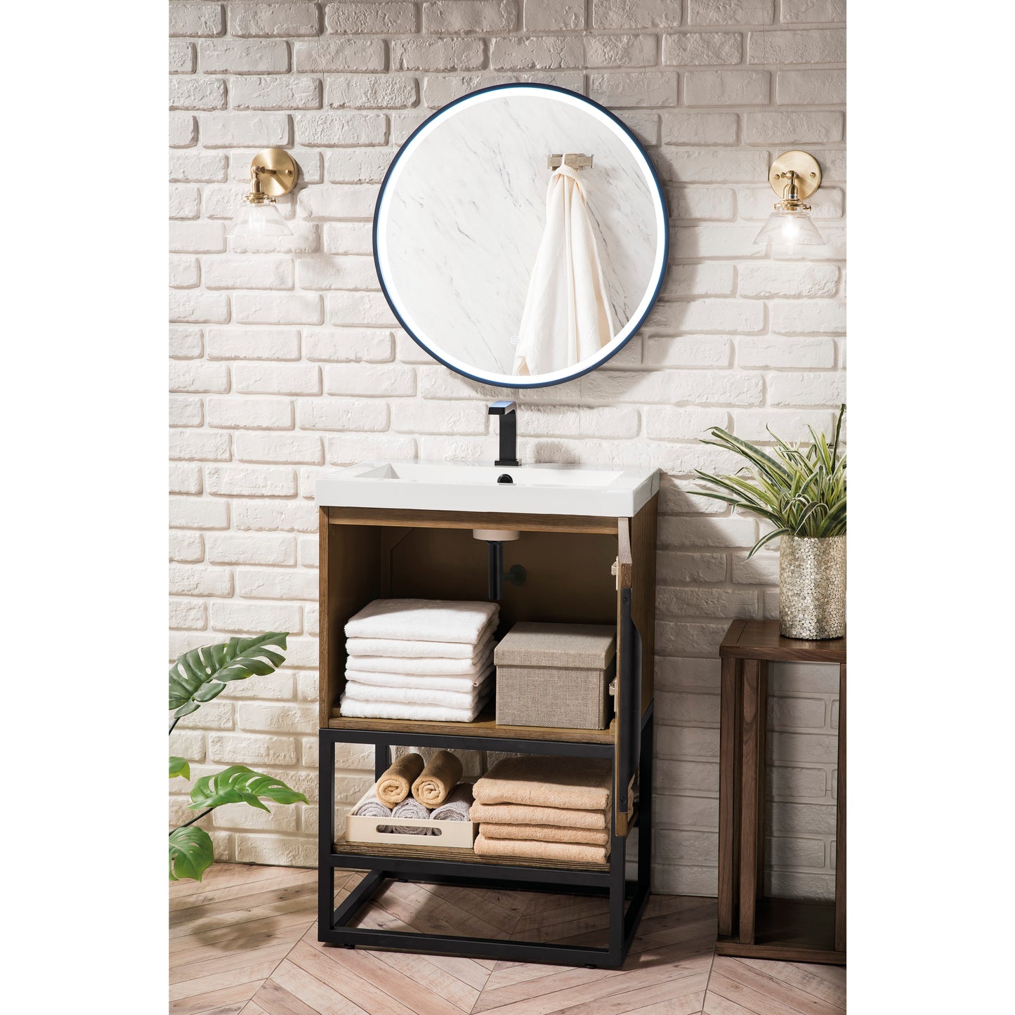 Columbia 24" Single Vanity, Latte Oak, Matte Black w/ White Glossy Composite Stone Top