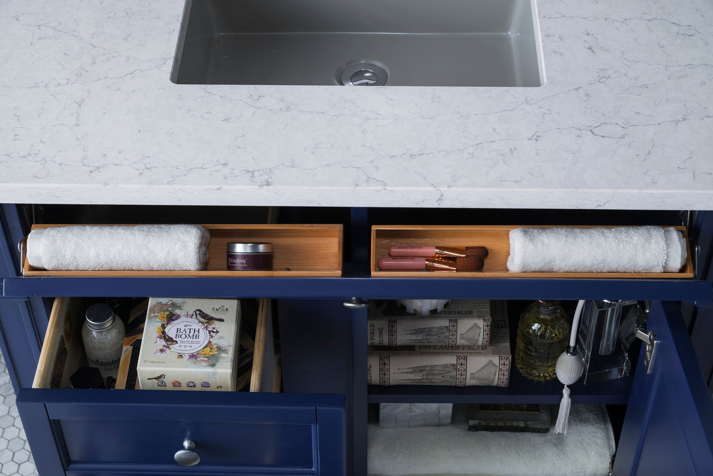 Brittany 36" Single Vanity, Victory Blue w/ 3 CM Eternal Jasmine Pearl Silestone Top