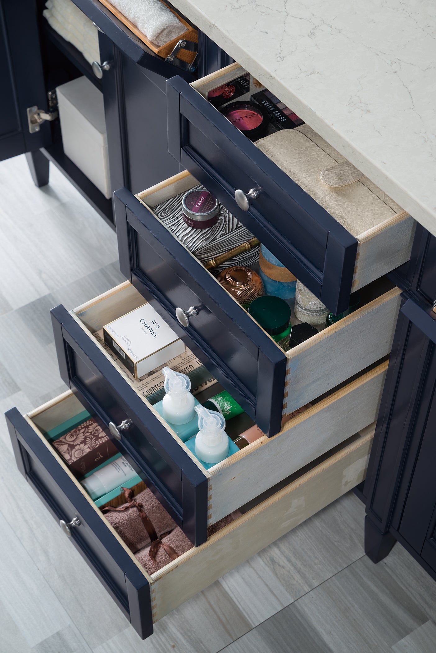 Brittany 72" Double Vanity, Victory Blue w/ 3 CM Eternal Jasmine Pearl Silestone Top