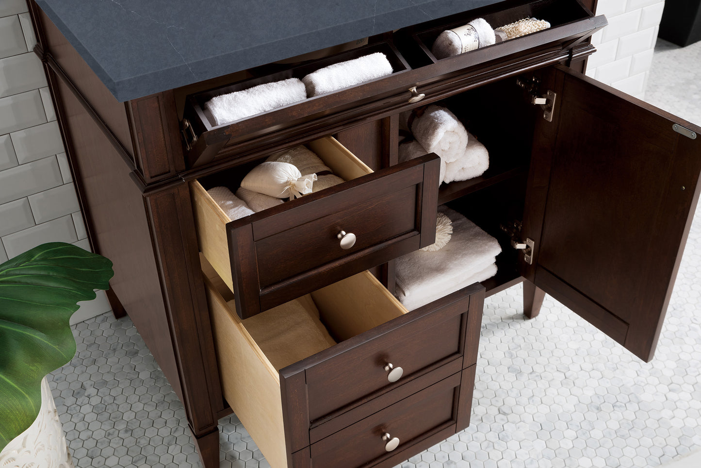 Brittany 36" Single Vanity, Burnished Mahogany w/ 3 CM Charcoal Soapstone Silestone Top