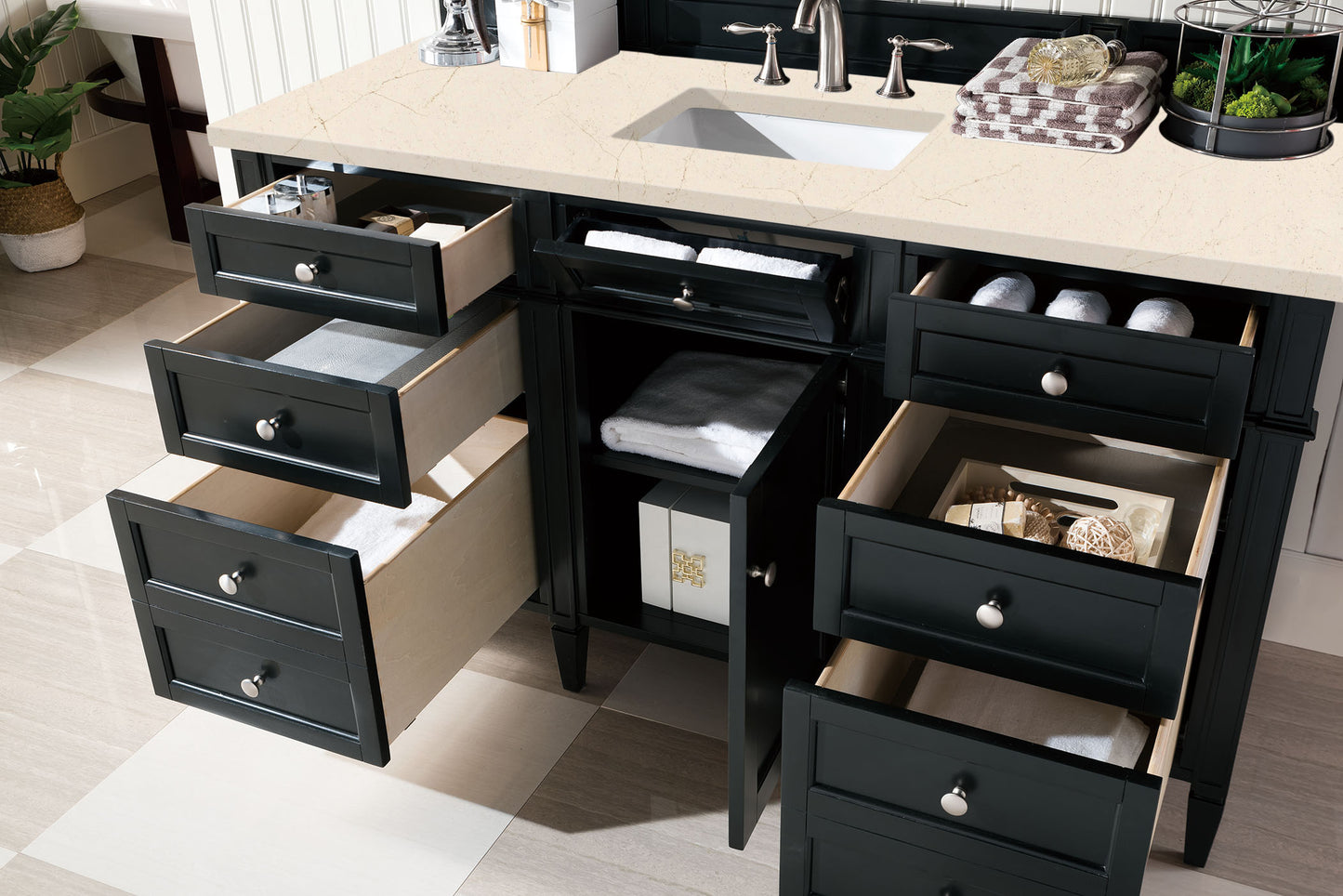 Brittany 60" Single Vanity, Black Onyx, w/ 3 CM Eternal Marfil Silestone Top