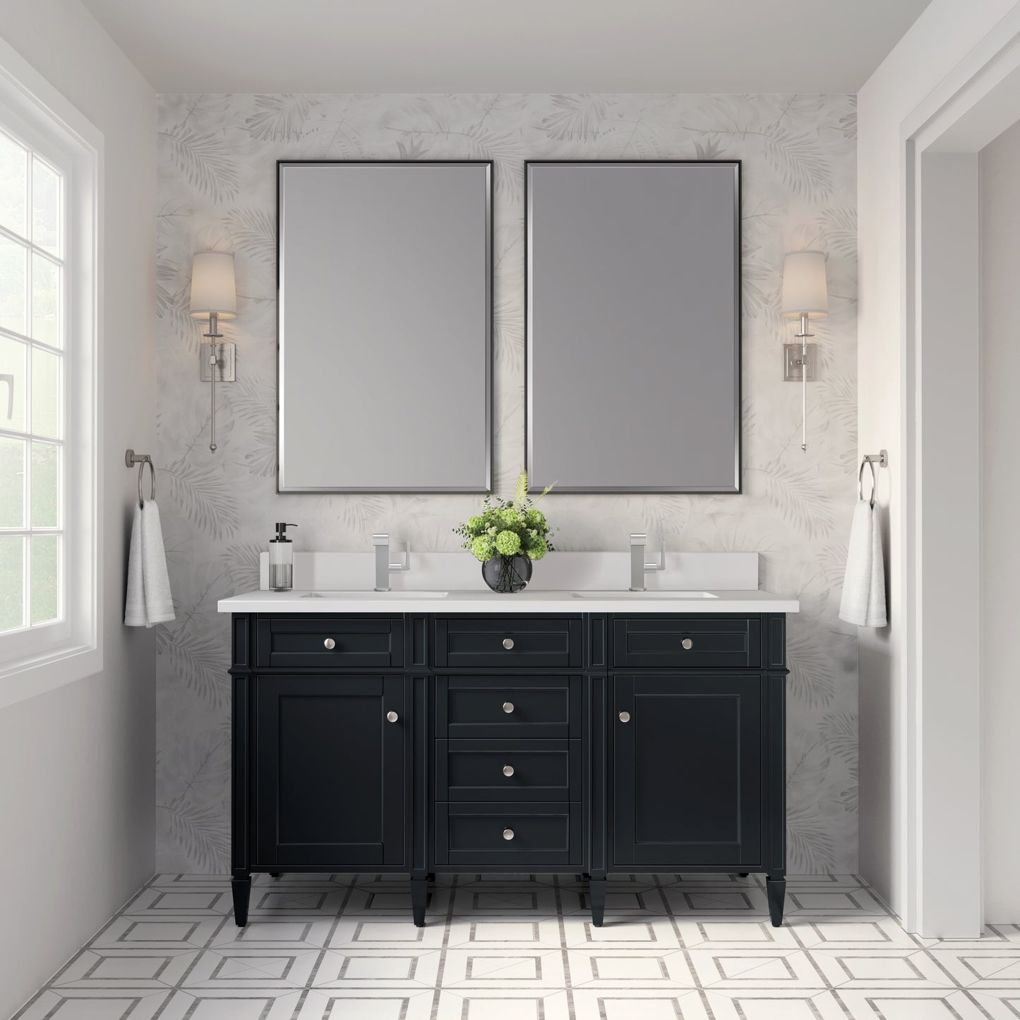 Brittany 60" Double Vanity, Black Onyx w/ Single Hole 3 CM White Zeus Silestone Top & Backsplash