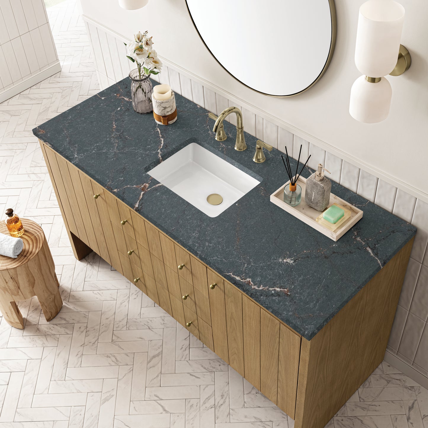 Hudson 60" Single Vanity, Light Natural Oak w/ 3 CM Parisien Bleu Top w/ FreePower Wireless Charger