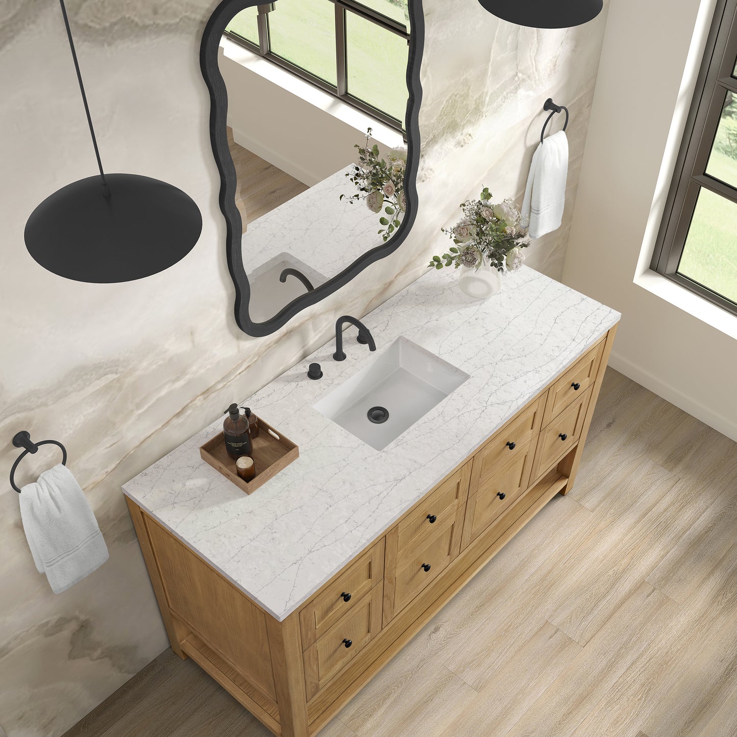 Breckenridge 60" Single Vanity, Light Natural Oak, w/ 3 CM Eternal Jasmine Pearl Silestone Top w/ FreePower Wireless Charger