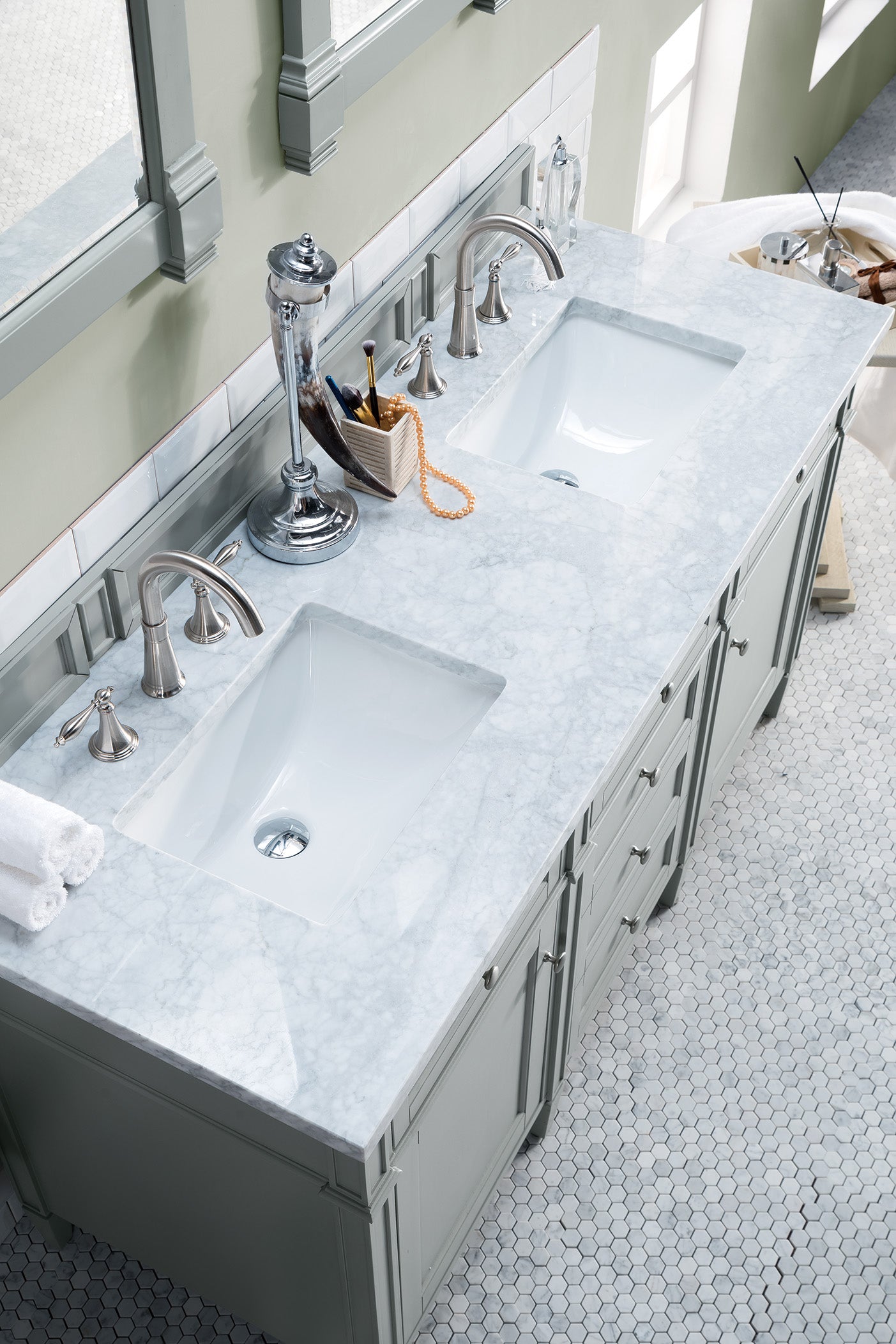 Brittany 60" Double Vanity, Urban Gray w/ 3 CM Carrara Marble Top