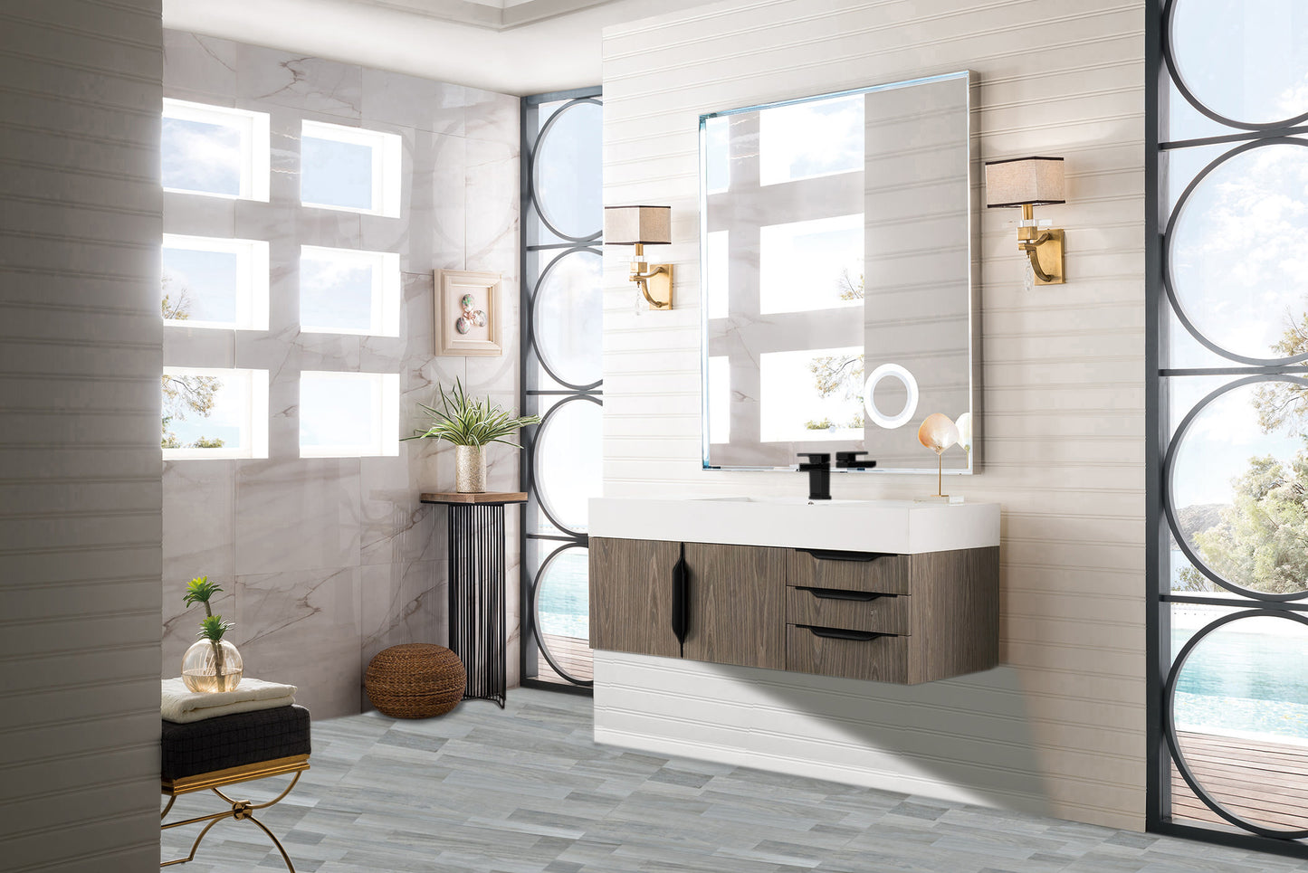 Columbia 48" Single Wall Mount Vanity, Ash Gray, Matte Black w/ Glossy White Composite Stone Top