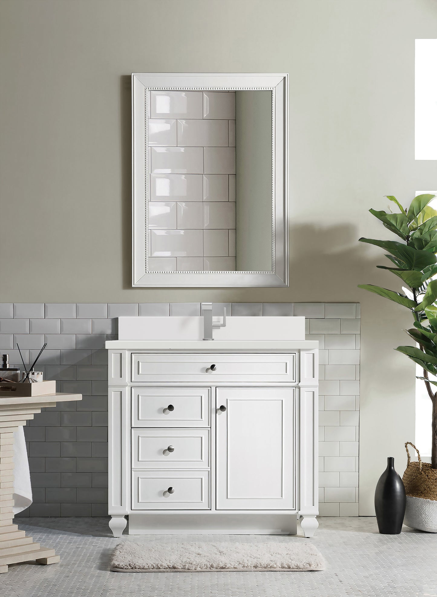 Bristol 36" Single Vanity, Bright White w/ Single Hole 3 CM White Zeus Silestone Top & Backsplash