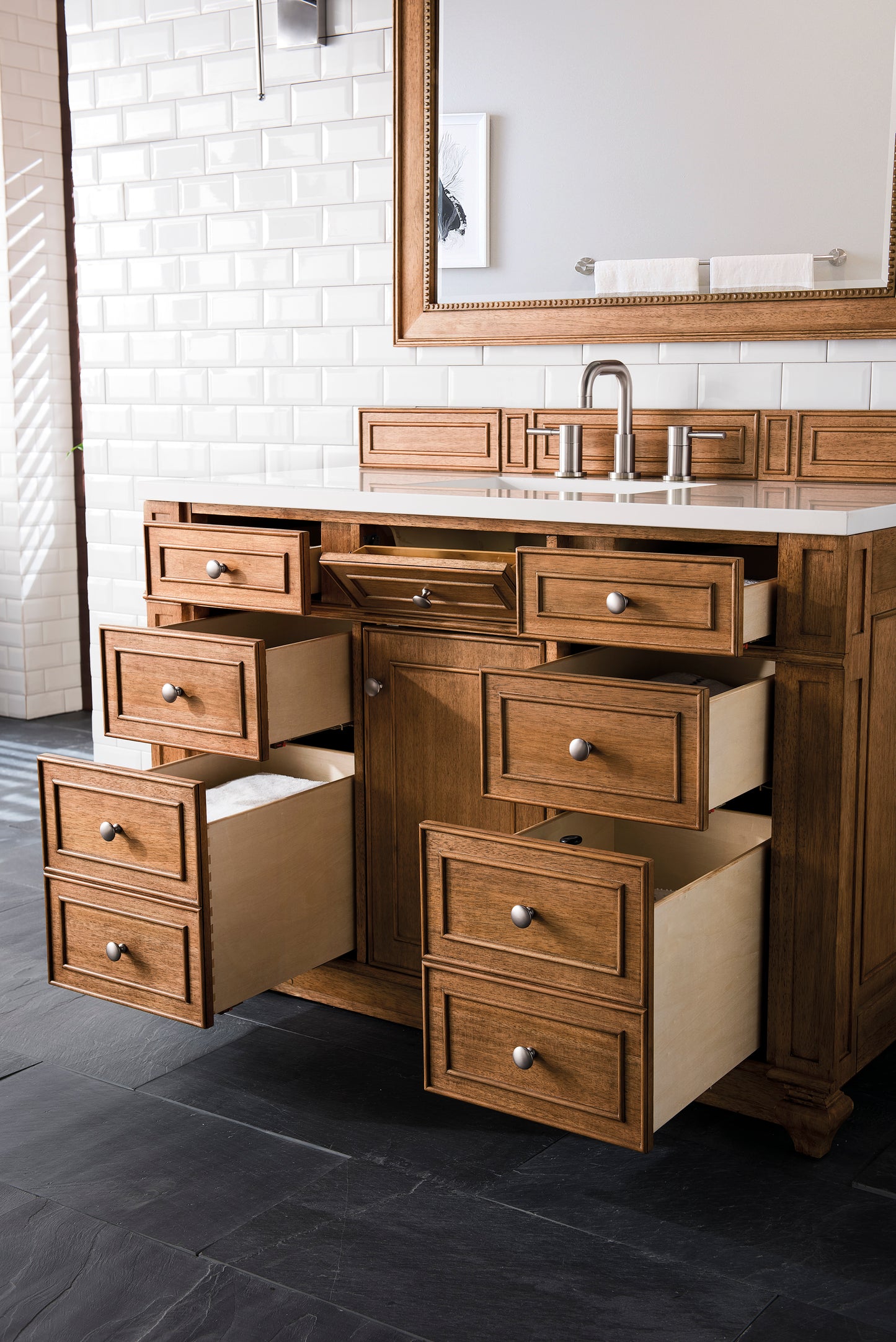 Bristol 48" Single Vanity, Saddle Brown w/ 3 CM White Zeus Silestone Top