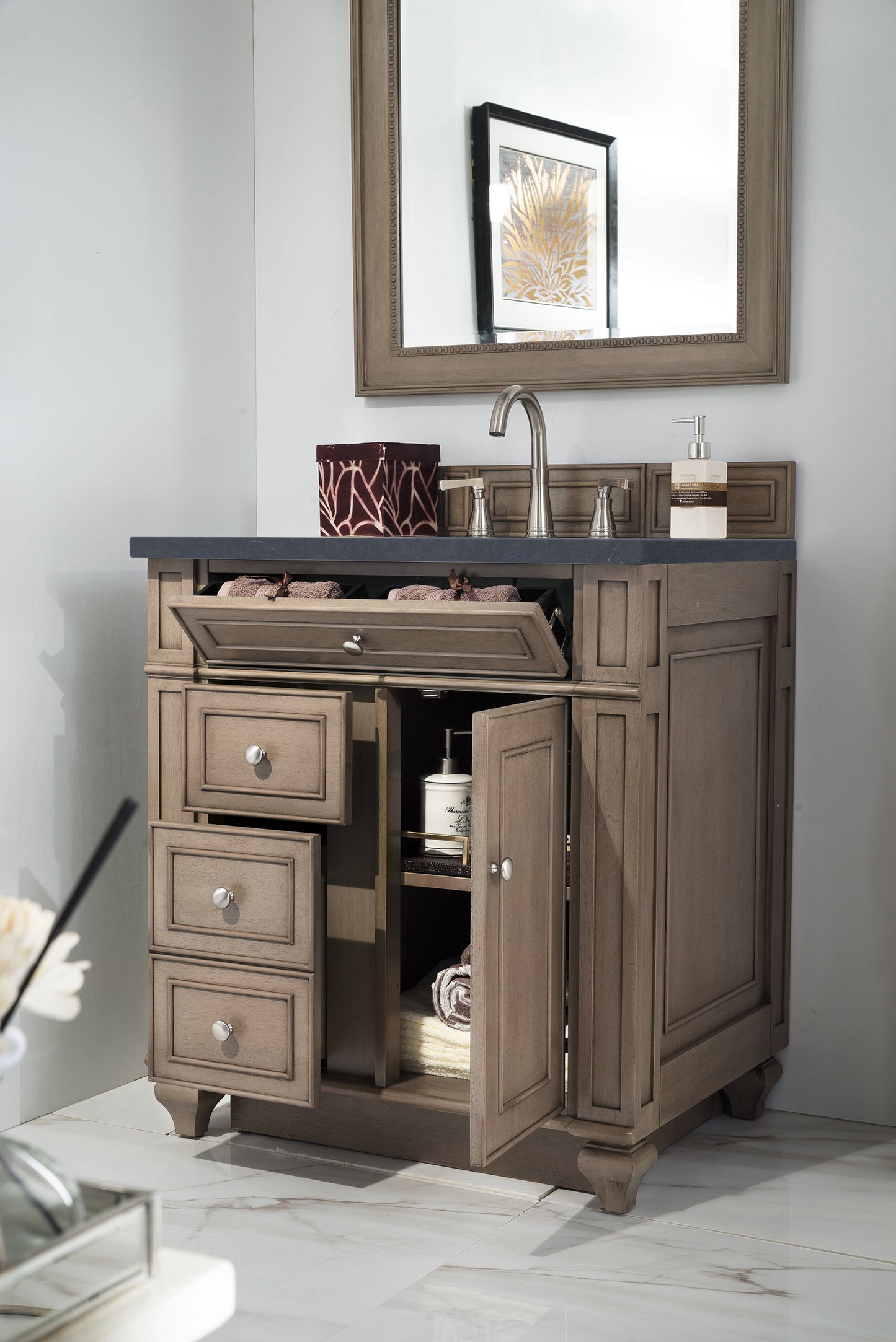 Bristol 30" Single Vanity, Whitewashed Walnut w/ 3 CM Charcoal Soapstone Silestone Top