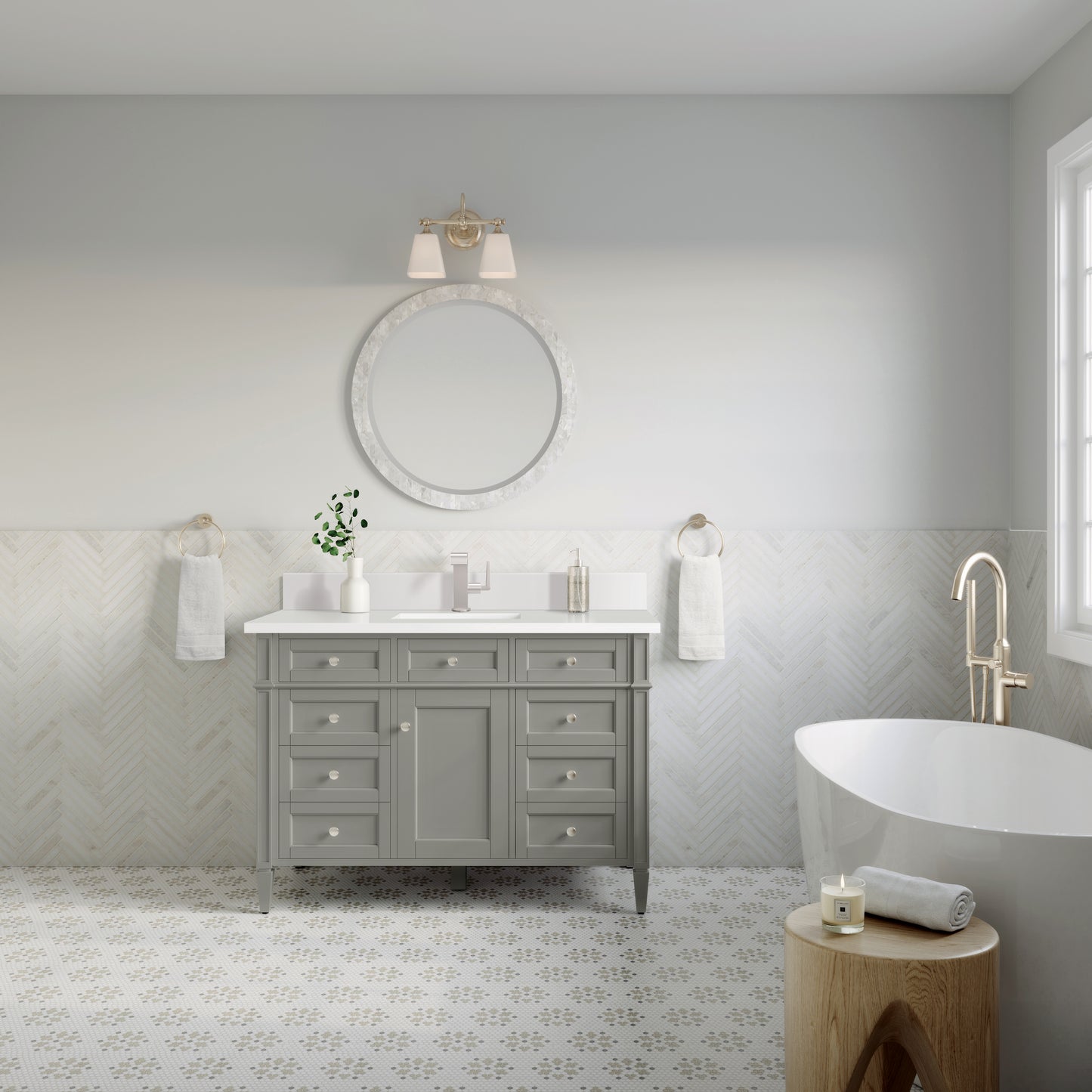 Brittany 48" Single Vanity, Urban Gray w/ Single Hole 3 CM White Zeus Silestone Top & Backsplash