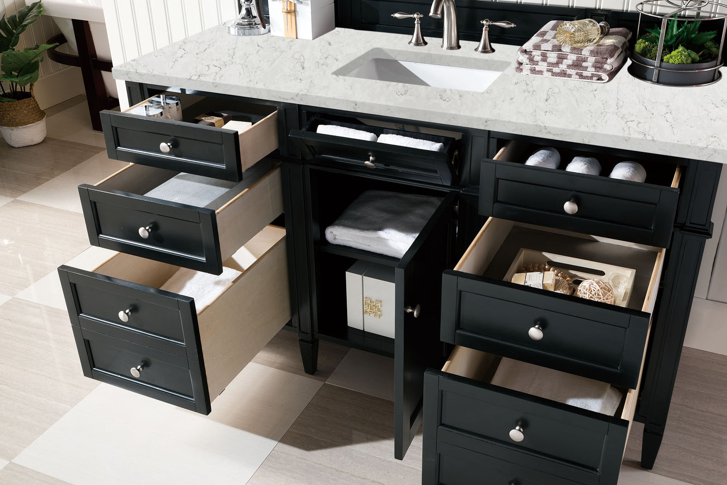 Brittany 60" Single Vanity, Black Onyx, w/ 3 CM Eternal Jasmine Pearl Silestone Top