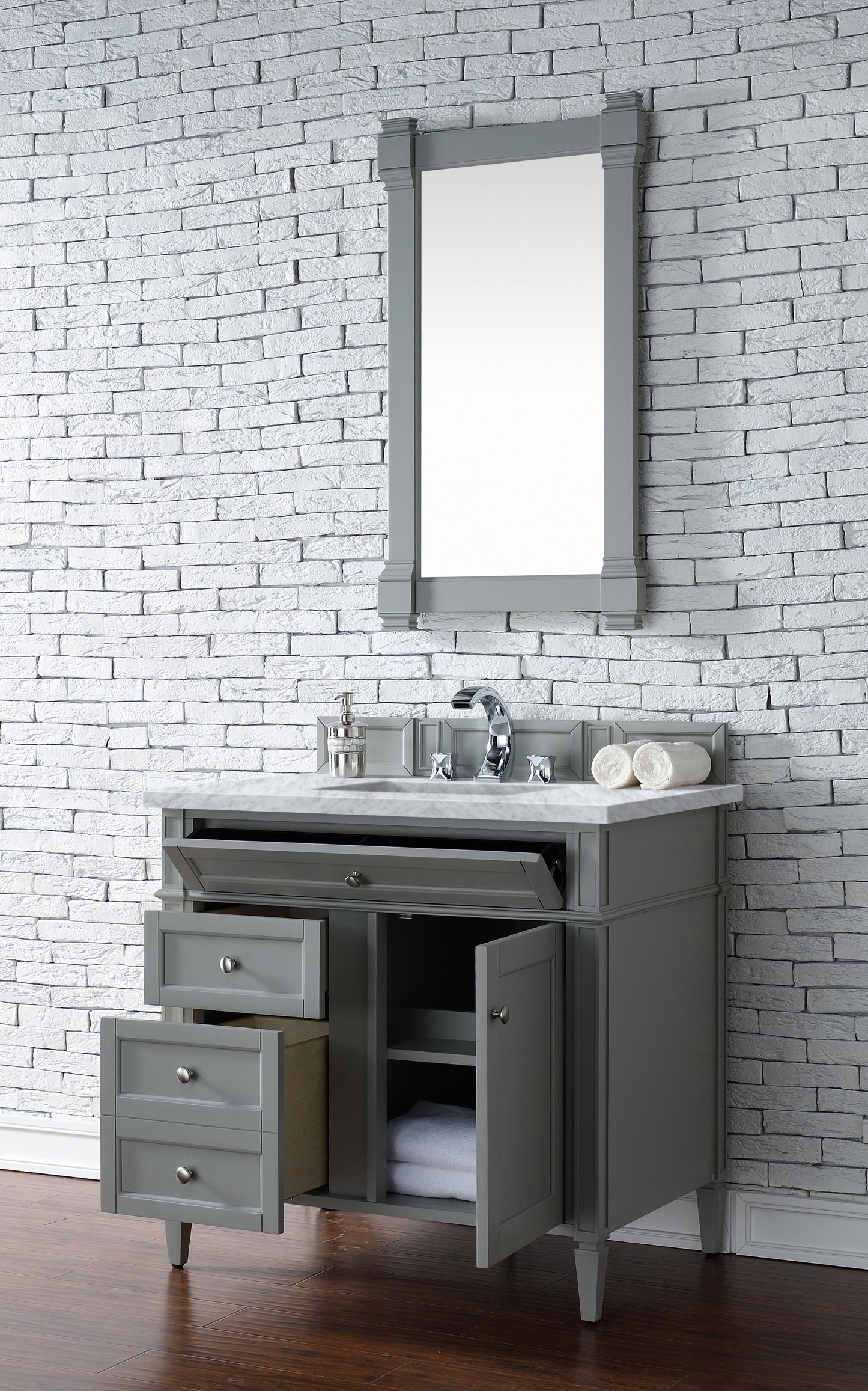 Brittany 36" Single Vanity, Urban Gray w/ 3 CM Carrara Marble Top
