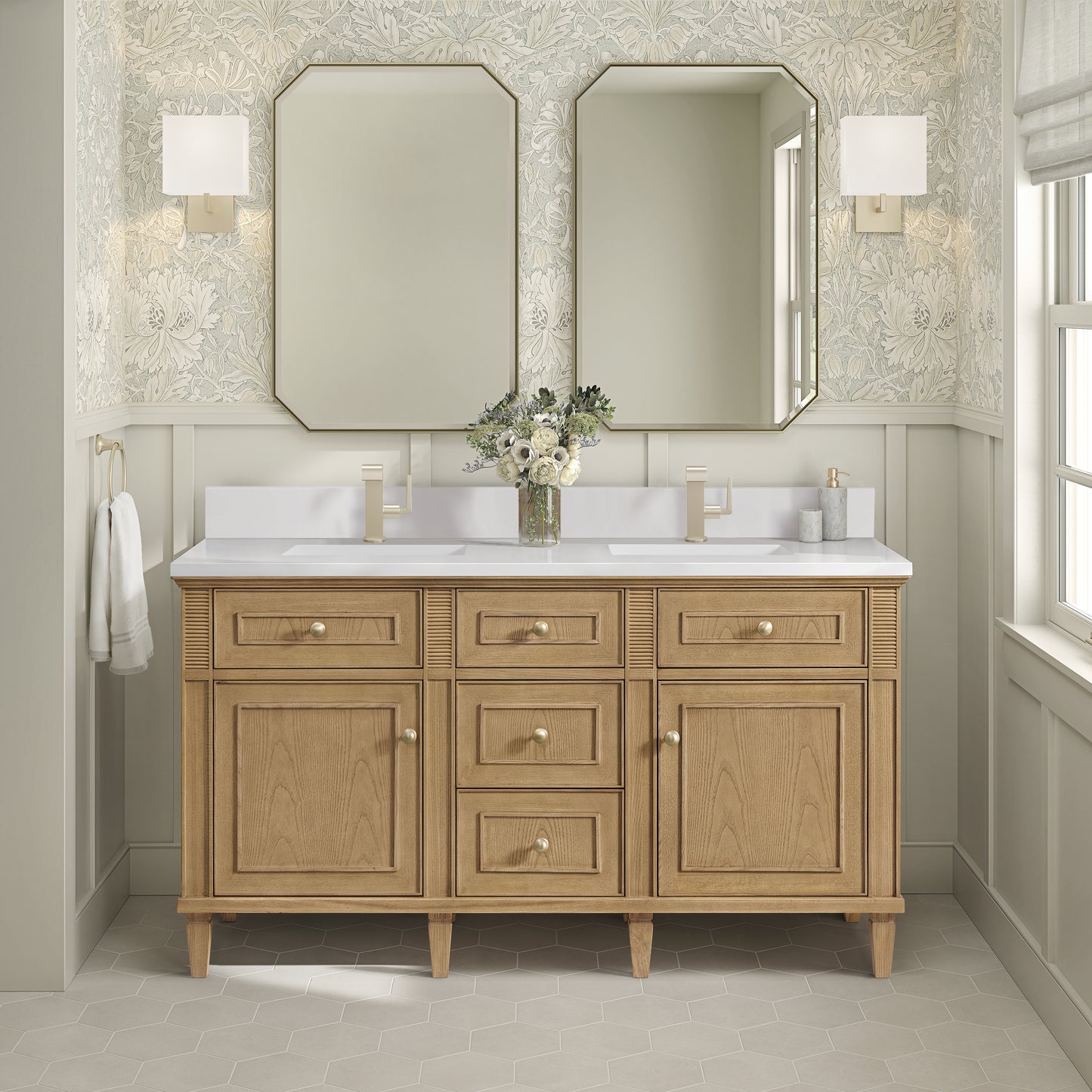 Lorelai 60" Double Vanity, Light Natural Oak w/ Single Hole 3 CM White Zeus Silestone Top & Backsplash