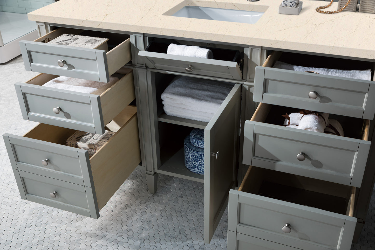 Brittany 60" Single Vanity, Urban Gray w/ 3 CM Eternal Marfil Silestone Top