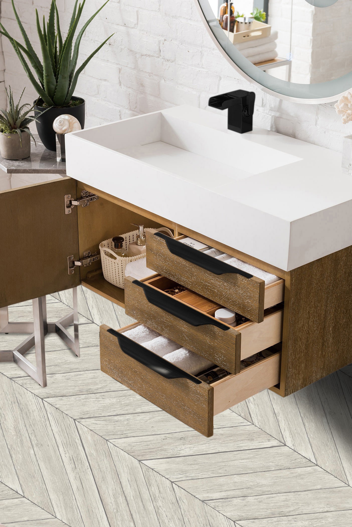 Columbia 36" Single Wall Mount Vanity, Latte Oak, Matte Black w/ Glossy White Composite Stone Top