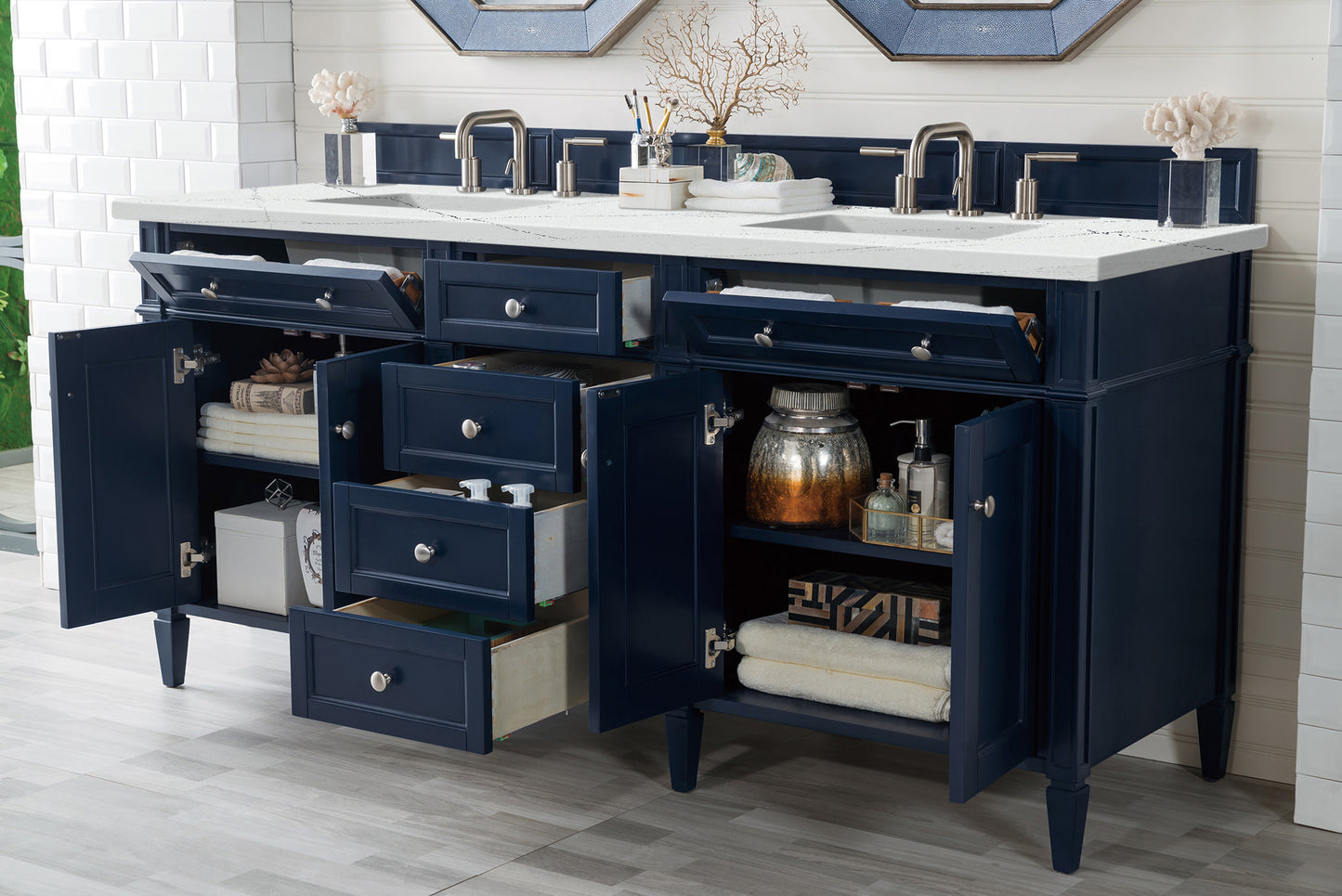 Brittany 72" Double Vanity, Victory Blue w/ 3 CM Ethereal Noctis Silestone Top
