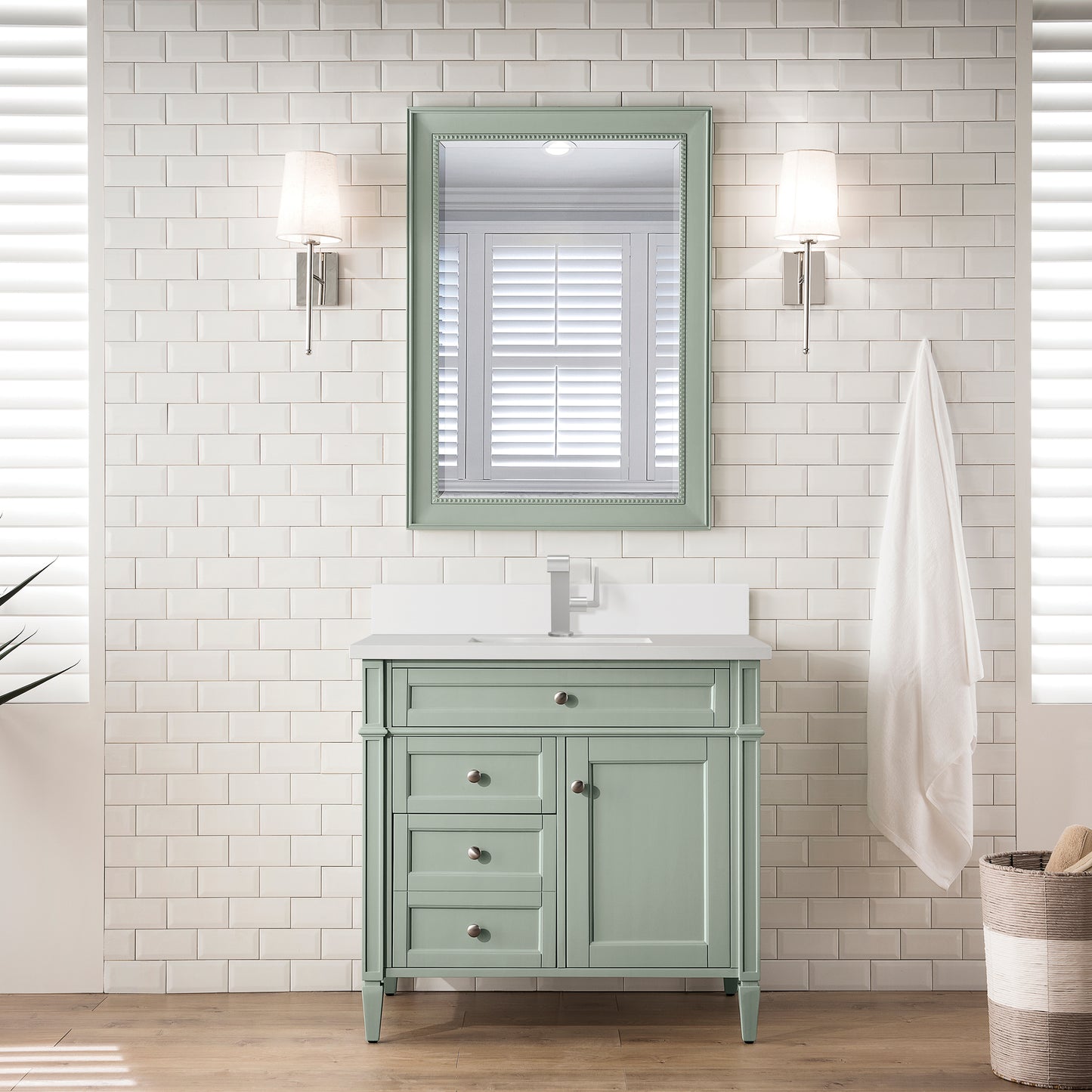 Brittany 36" Single Vanity, Sage Green w/ Single Hole 3 CM White Zeus Silestone Top & Backsplash