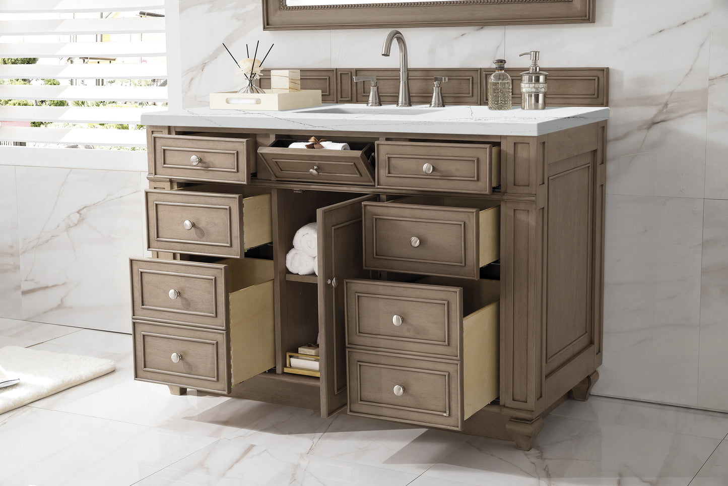 Bristol 48" Single Vanity, Whitewashed Walnut w/ 3 CM Ethereal Noctis Silestone Top