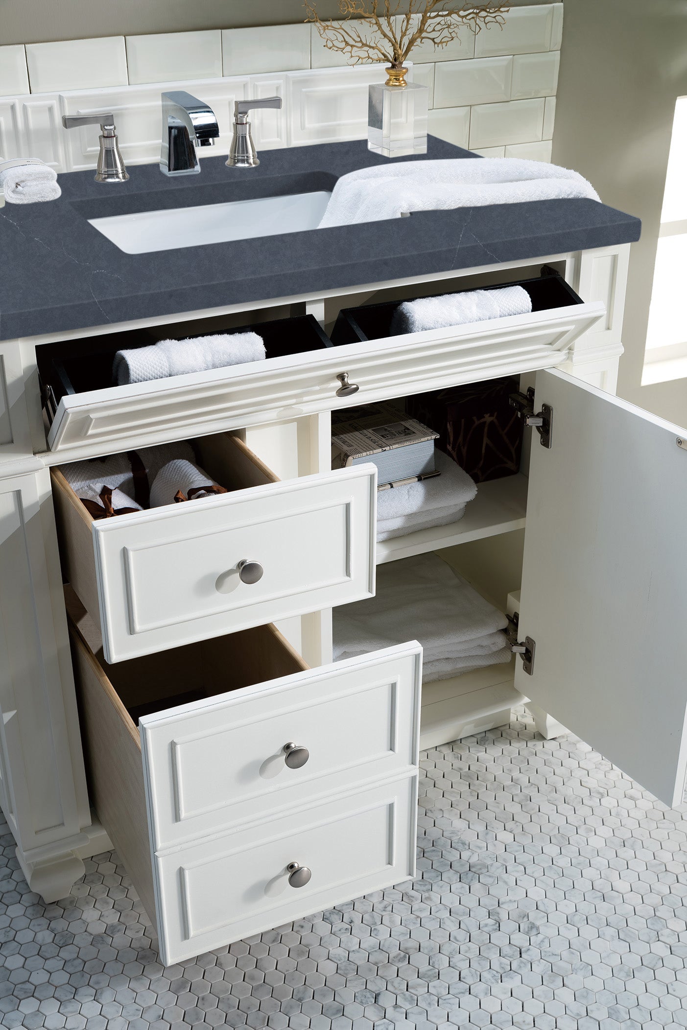 Bristol 36" Single Vanity, Bright White w/ 3 CM Charcoal Soapstone Silestone Top