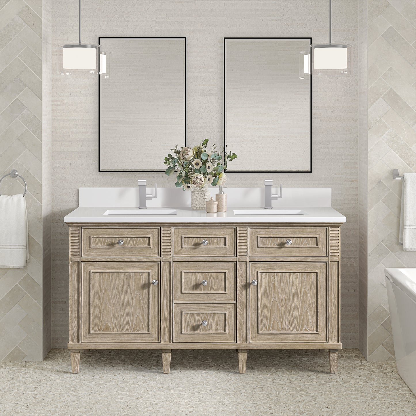 Lorelai 60" Double Vanity, Whitewashed Oak w/ Single Hole 3 CM White Zeus Silestone Top & Backsplash