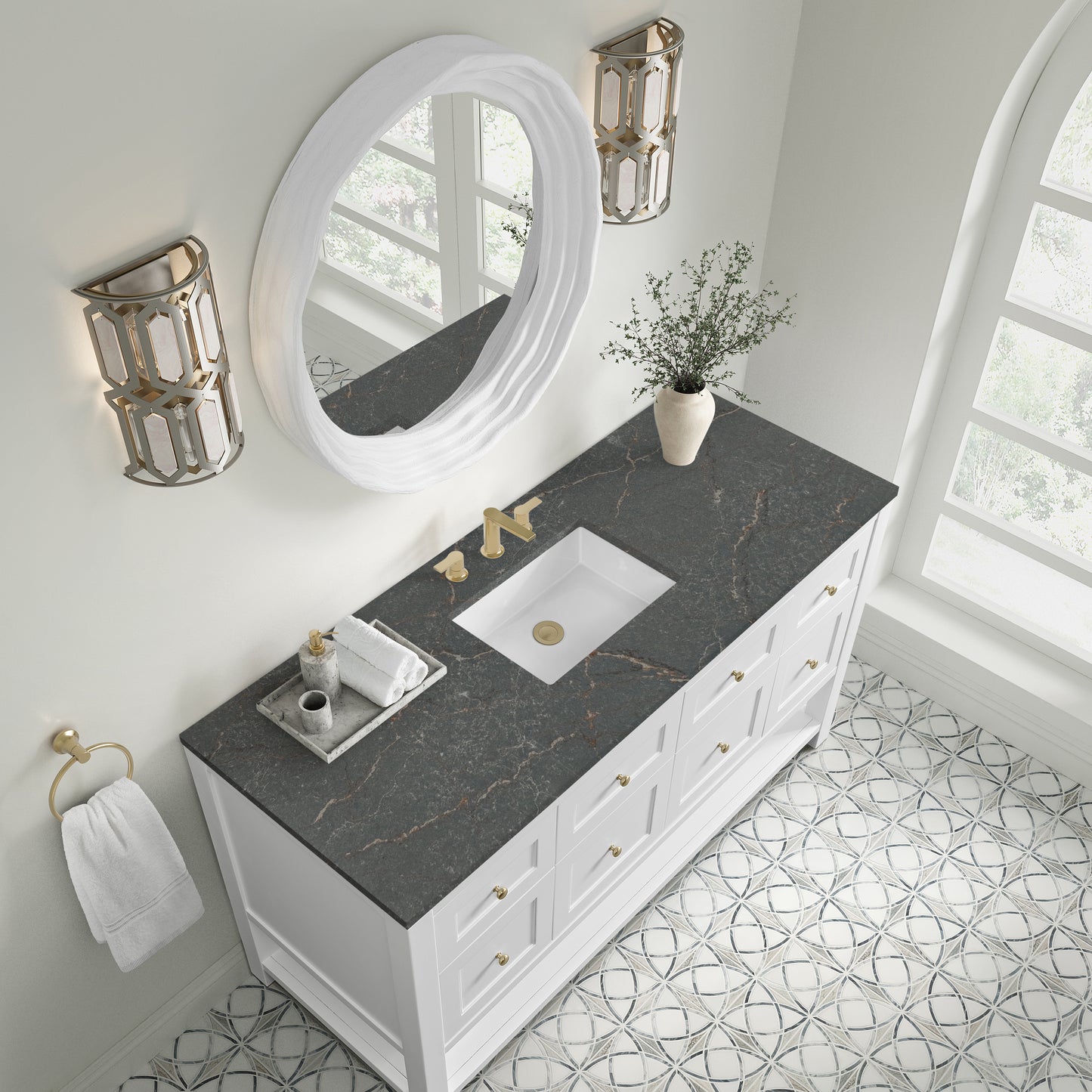 Breckenridge 60" Single Vanity Cabinet, Bright White w/ 3 CM Parisien Bleu Top w/ FreePower Wireless Charger