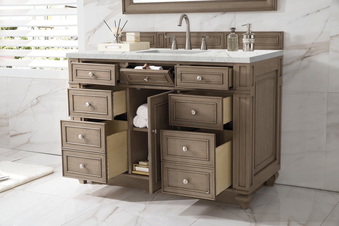Bristol 48" Single Vanity, Whitewashed Walnut w/ 3 CM Eternal Jasmine Pearl Silestone Top