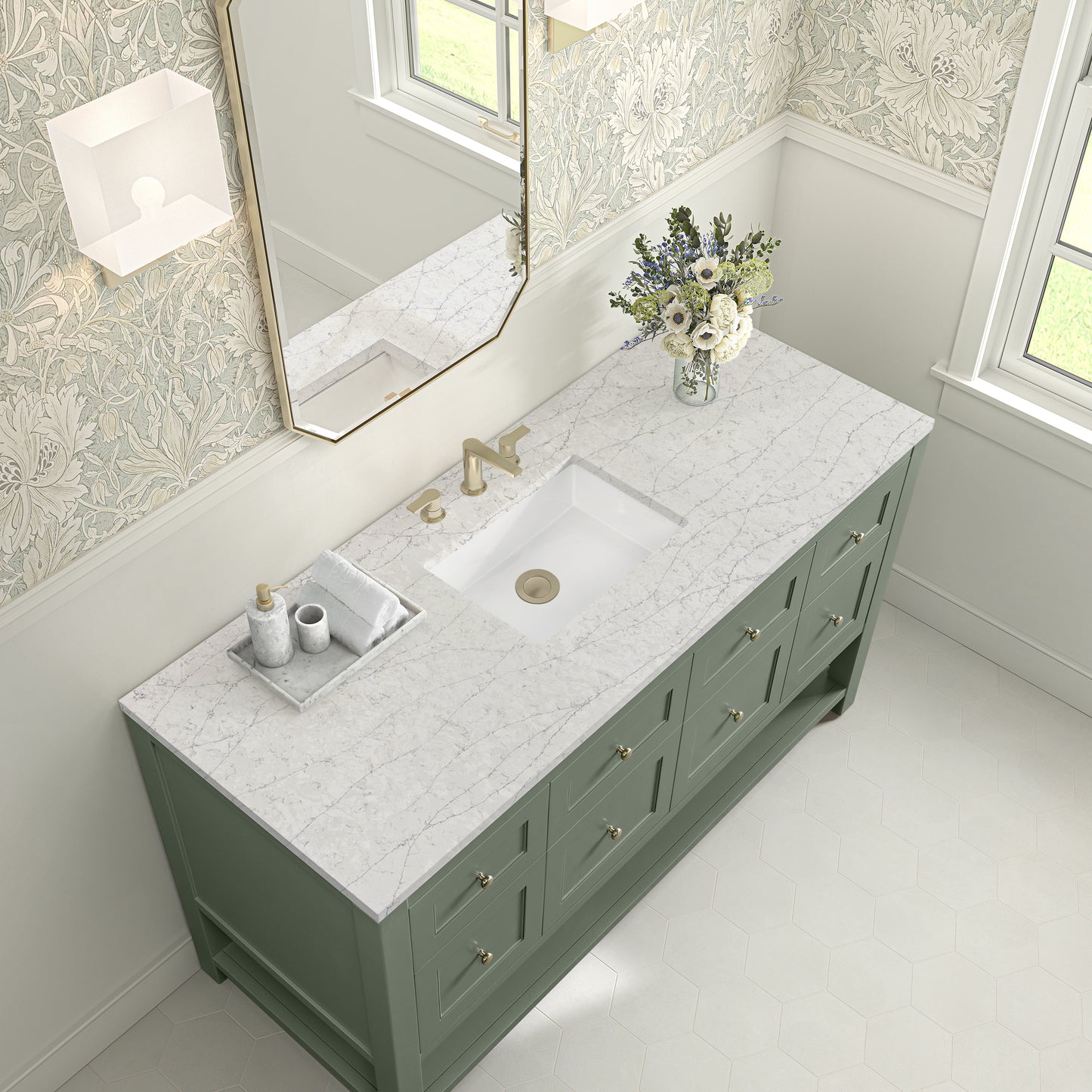 Breckenridge 60" Single Vanity, Smokey Celadon, w/ 3 CM Eternal Jasmine Pearl Silestone Top w/ FreePower Wireless Charger