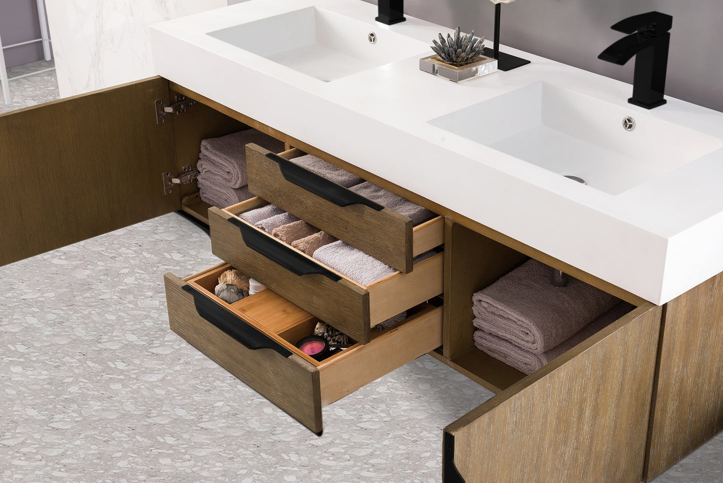 Columbia 59" Double Wall Mount Vanity, Latte Oak, Matte Black w/ Glossy White Composite Stone Top