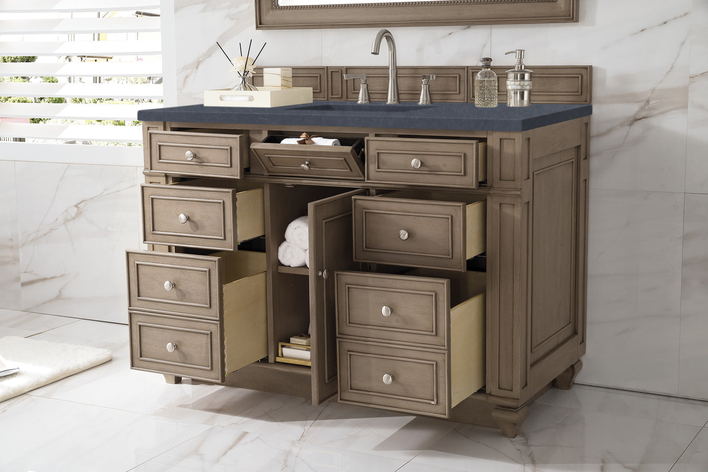 Bristol 48" Single Vanity, Whitewashed Walnut w/ 3 CM Charcoal Soapstone Silestone Top