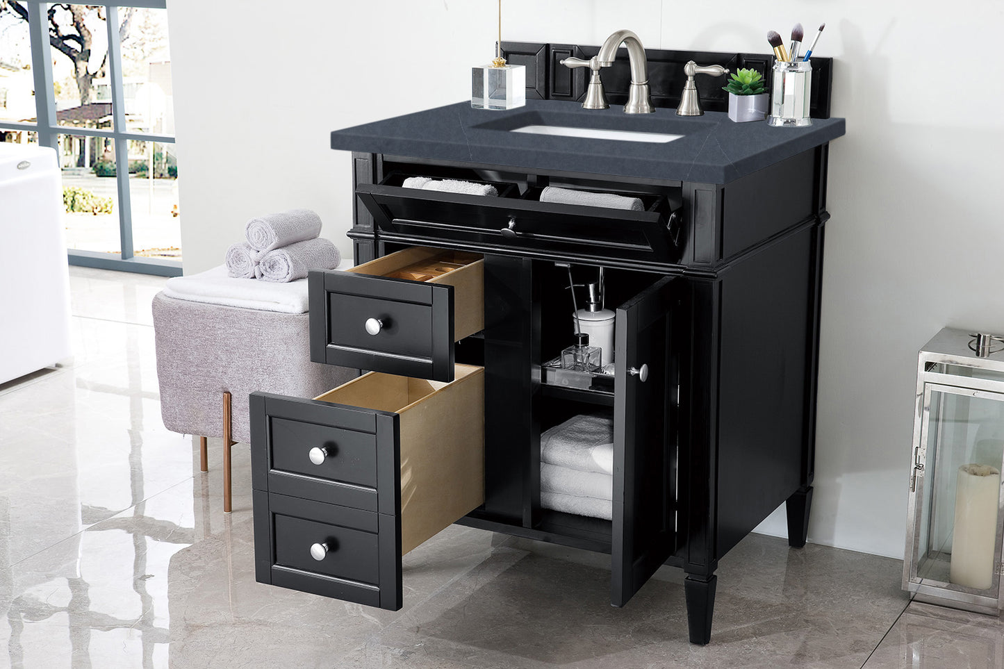 Brittany 30" Single Vanity, Black Onyx, w/ 3 CM Charcoal Soapstone Silestone Top