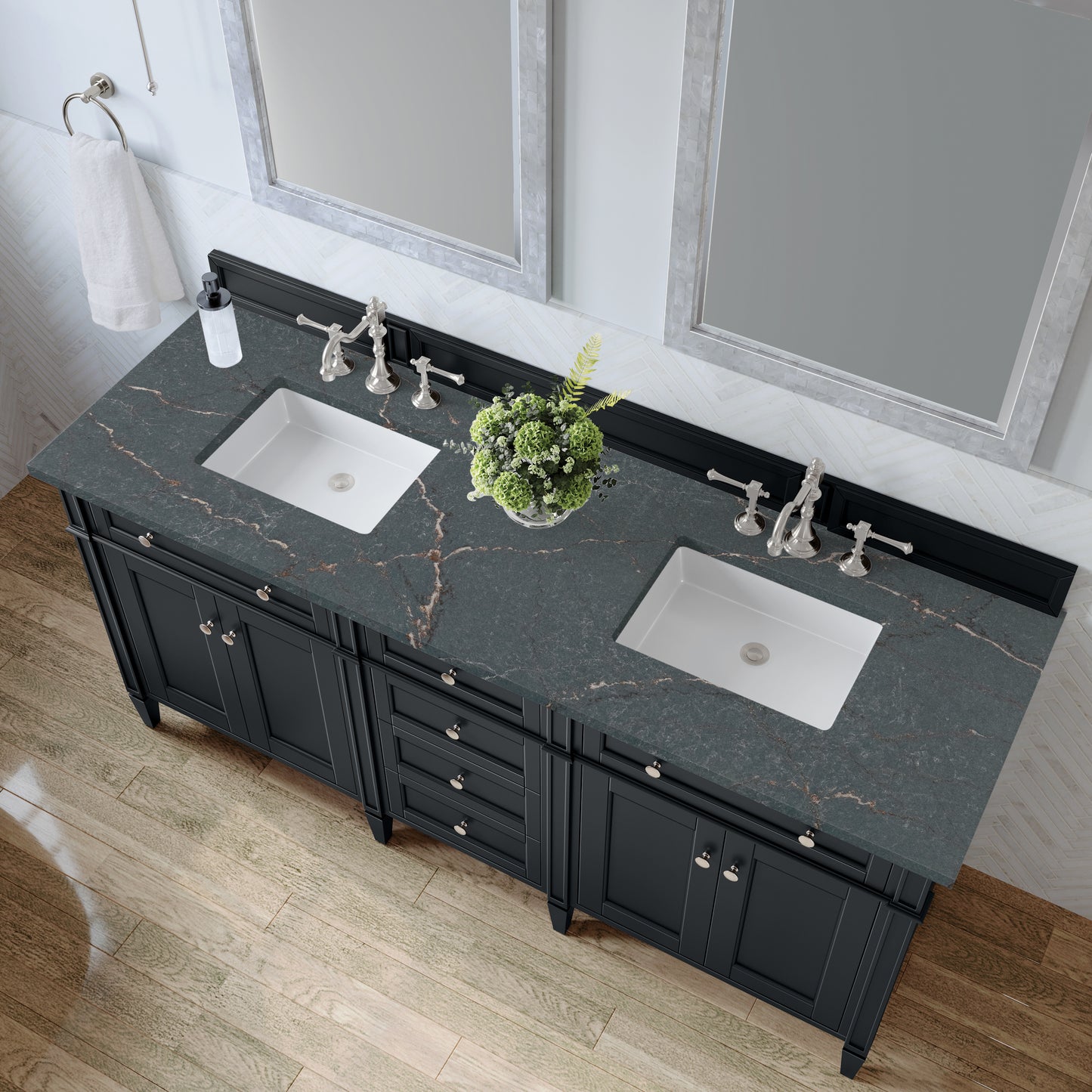 Brittany 72" Double Vanity, Black Onyx w/ 3 CM Parisien Bleu Silestone Top