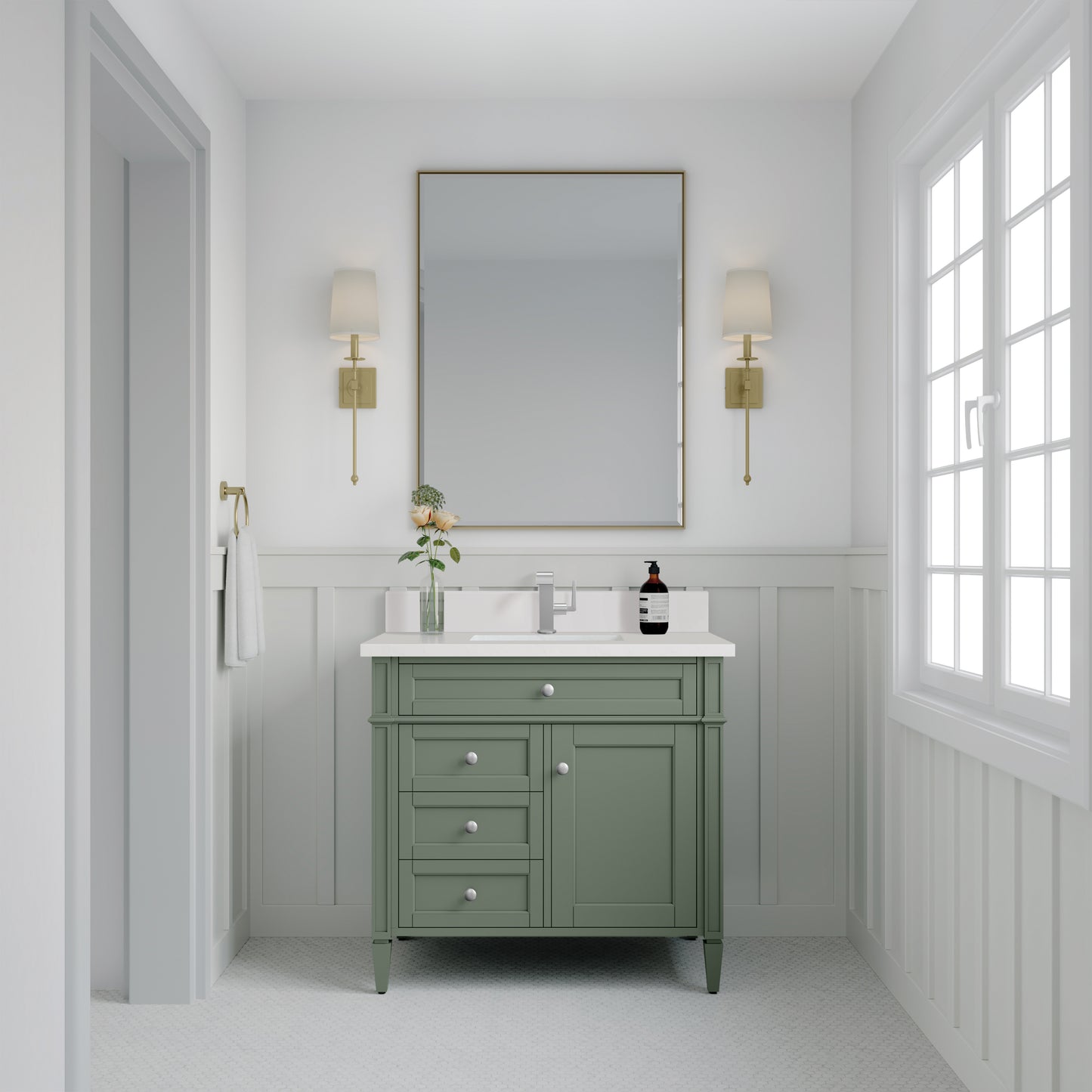 Brittany 36" Single Vanity, Smokey Celadon w/ Single Hole 3 CM White Zeus Top & Backsplash