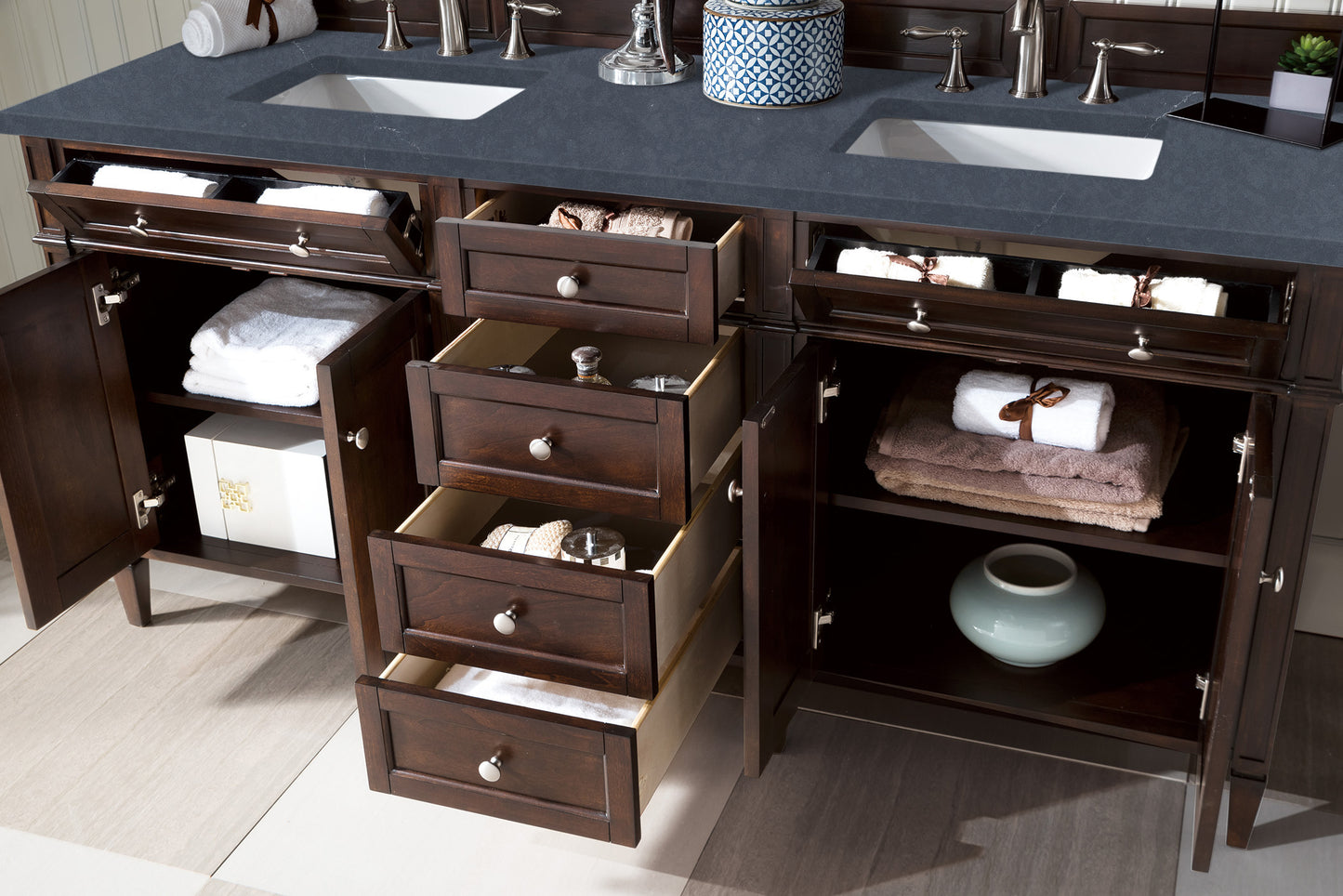 Brittany 72" Double Vanity, Burnished Mahogany w/ 3 CM Charcoal Soapstone Silestone Top