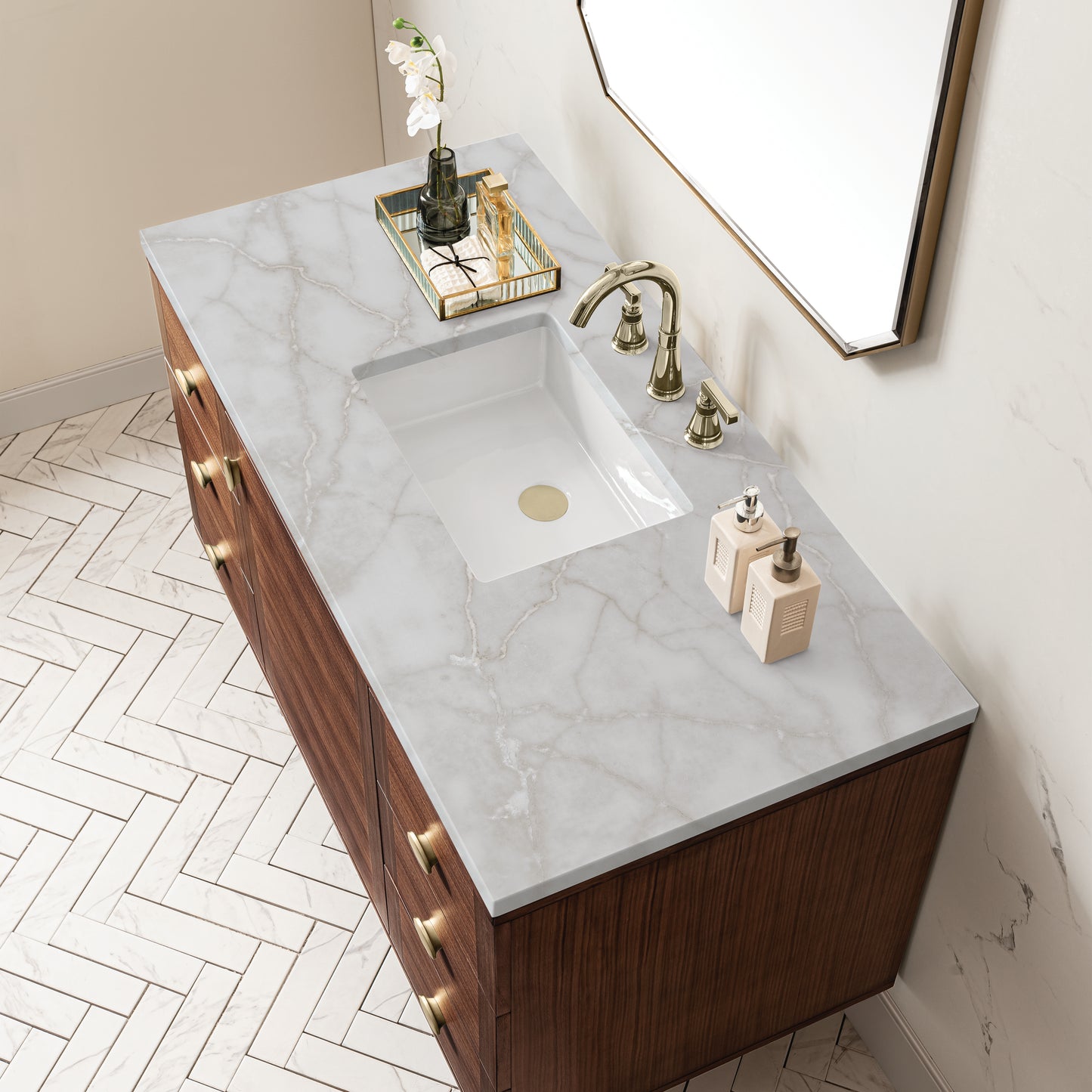 Amberly 48" Single Vanity, Mid-Century Walnut w/ 3 CM Victorian Silver Top