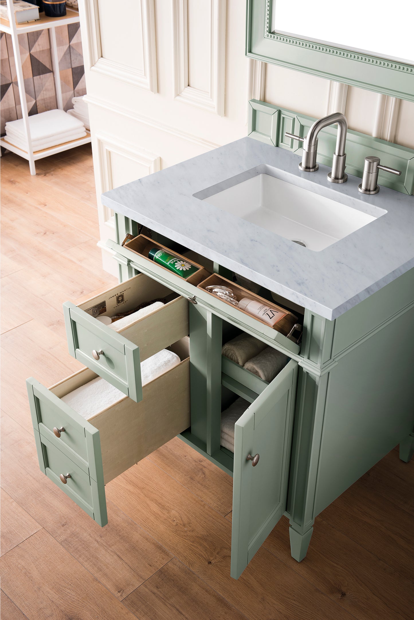 Brittany 30" Single Vanity, Sage Green w/ 3 CM Carrara Marble Top