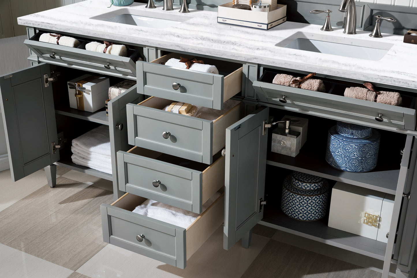 Brittany 72" Double Vanity, Urban Gray w/ 3 CM Arctic Fall Solid Surface Top