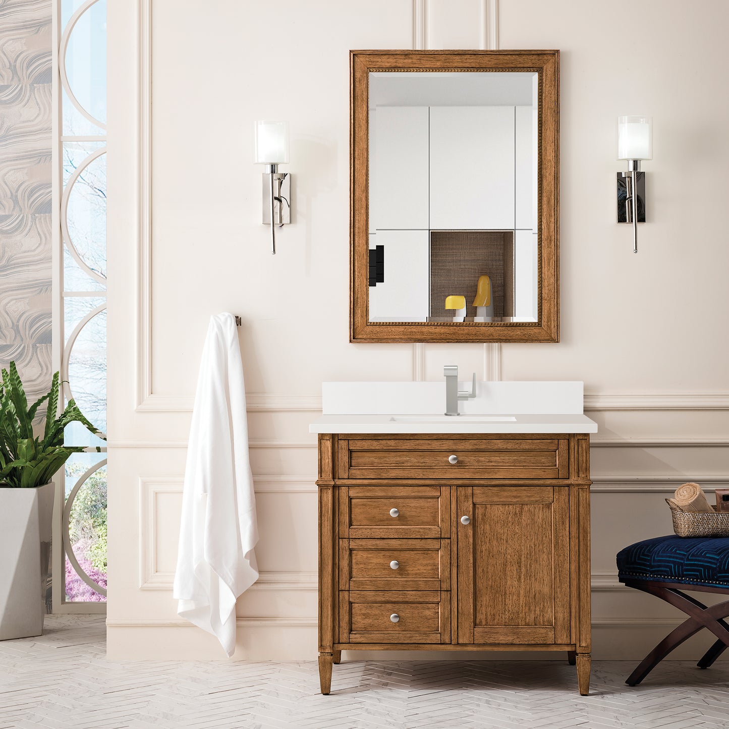 Brittany 36" Single Vanity, Saddle Brown w/ Single Hole 3 CM White Zeus Silestone Top & Backsplash