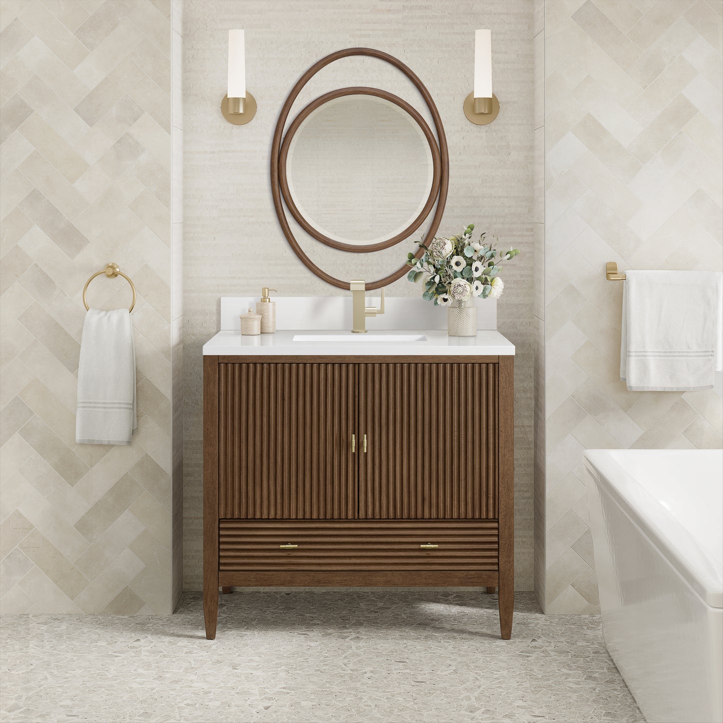Myrrin 36" Vanity, Mid Century Walnut w/ Single Hole 3 CM White Zeus Silestone Top & Backsplash