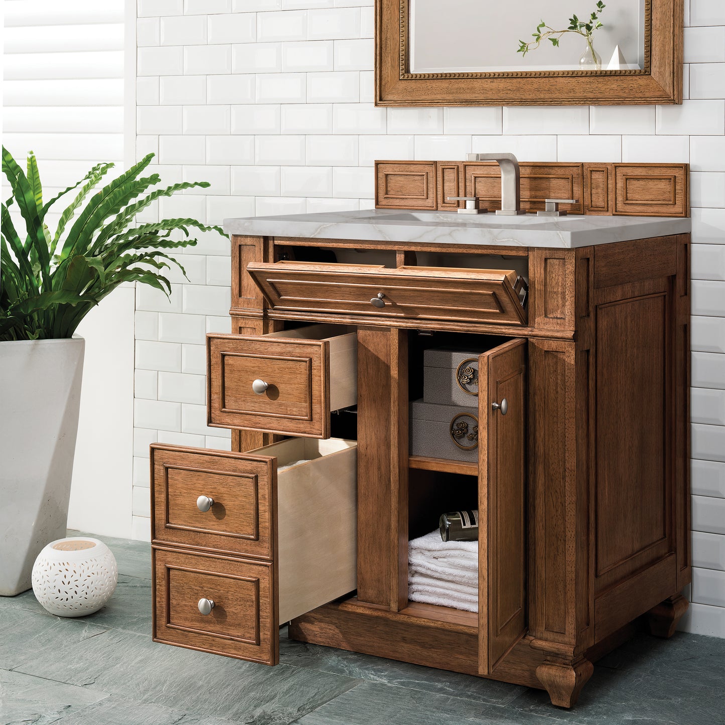 Bristol 30" Single Vanity, Saddle Brown w/ 3 CM Victorian Silver Silestone Top