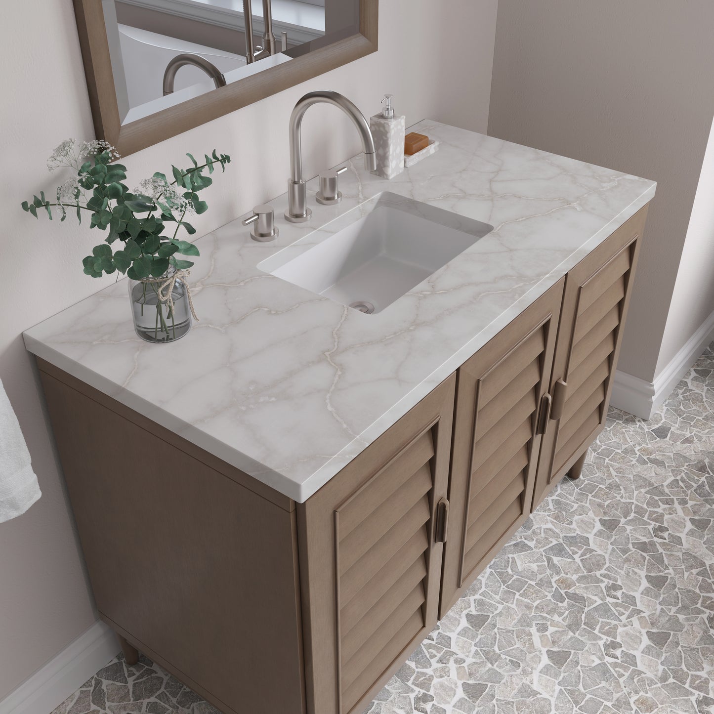 Portland 48" Single Vanity Whitewashed Walnut w/ 3 CM Victorian Silver Silestone Top