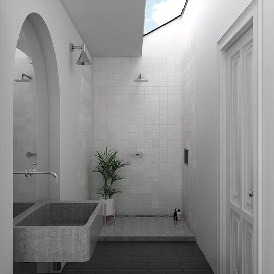 Artisanal Blanc 5x5- White Zellige style ceramic tile installed in a bathroom