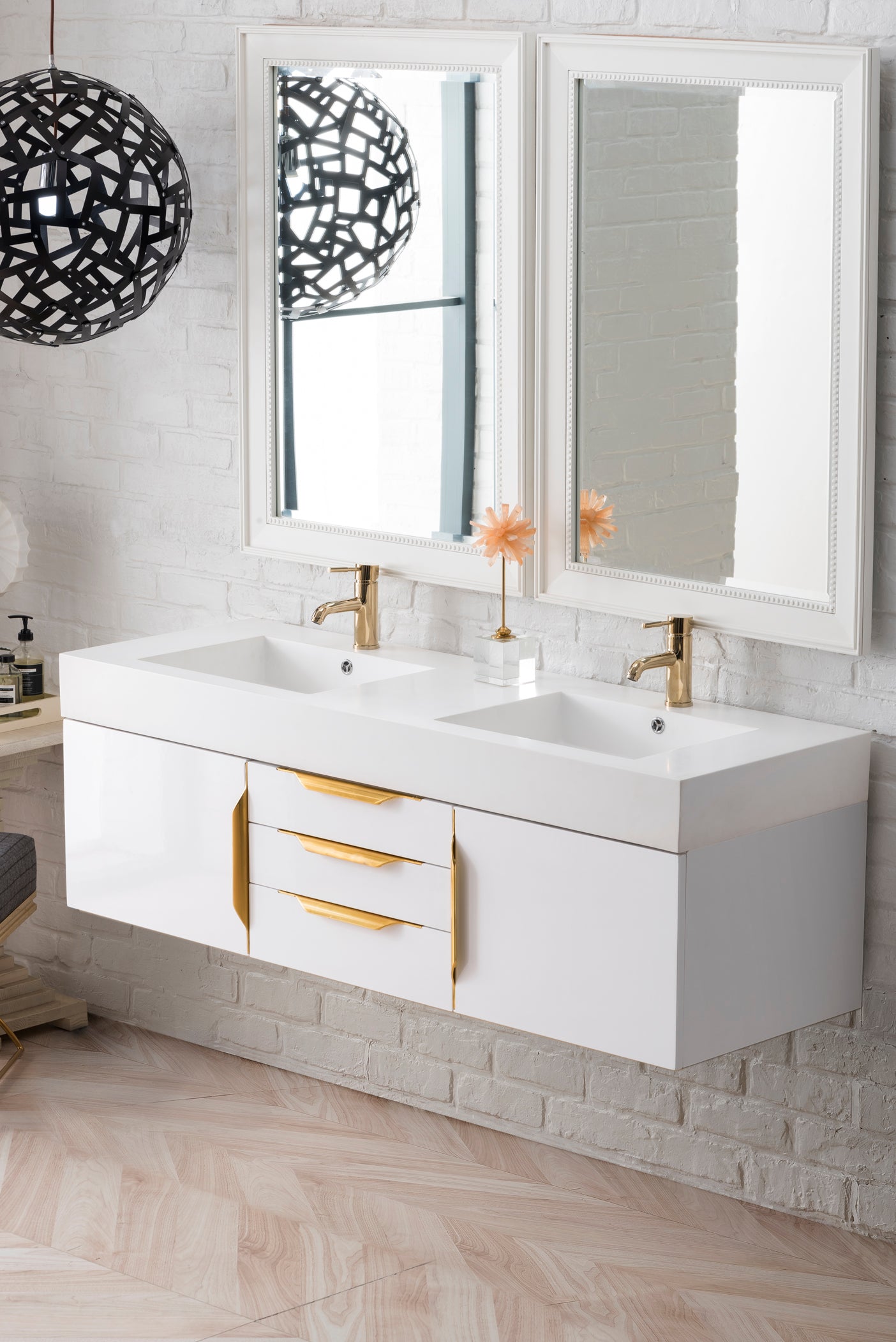 Columbia 59" Double Wall Mount Vanity, Glossy White, Radiant Gold w/ Glossy White Composite Stone Top