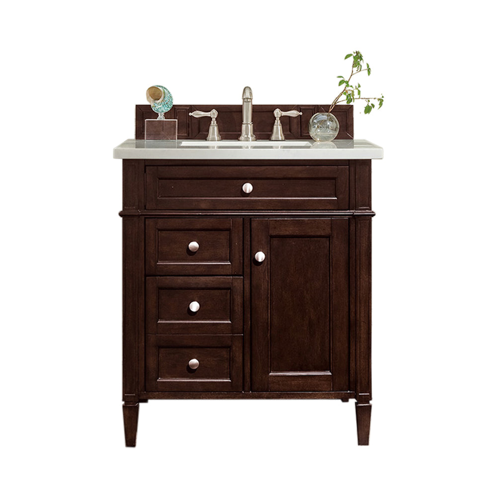 Brittany 30" Single Vanity, Burnished Mahogany w/ 3 CM Arctic Fall Solid Surface Top