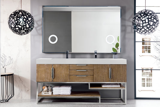 Columbia 72" Double Vanity, Latte Oak, Brushed Nickel w/ Glossy White Composite Stone Top