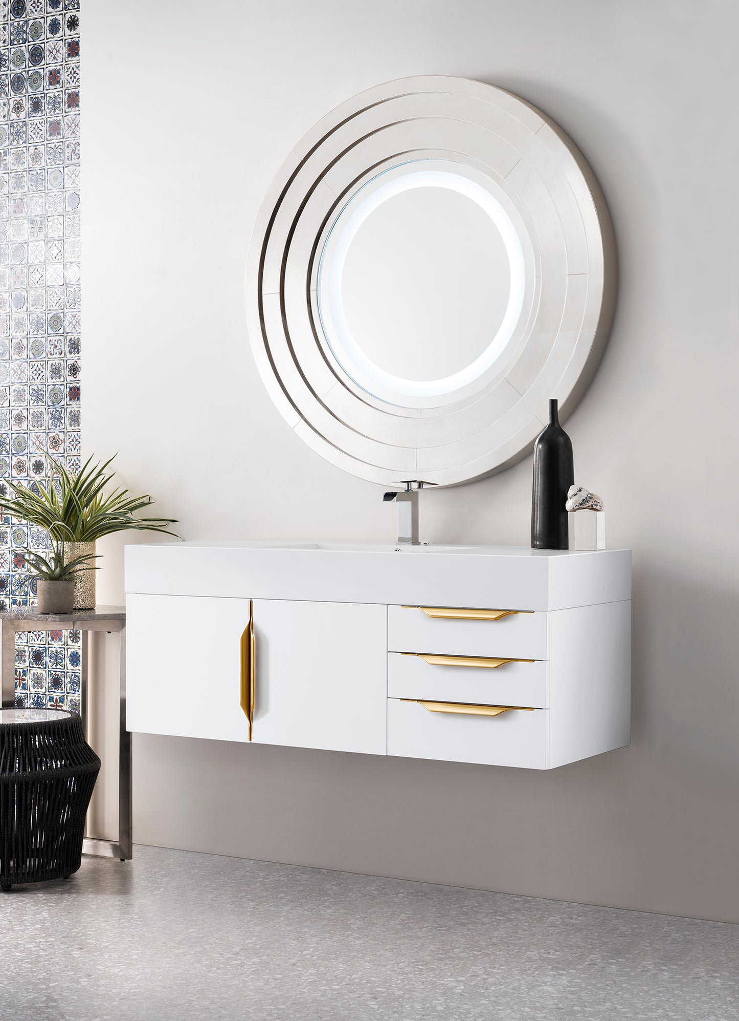Columbia 48" Single Wall Mount Vanity, Glossy White, Radiant Gold w/ Glossy White Composite Stone Top