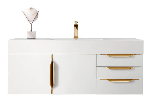 Columbia 48" Single Wall Mount Vanity, Glossy White, Radiant Gold w/ Glossy White Composite Stone Top