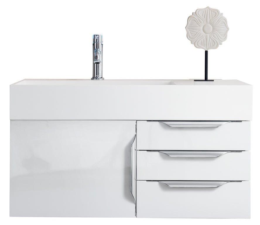 Columbia 36" Single Wall Mount Vanity, Glossy White, Brushed Nickel w/ Glossy White Composite Stone Top