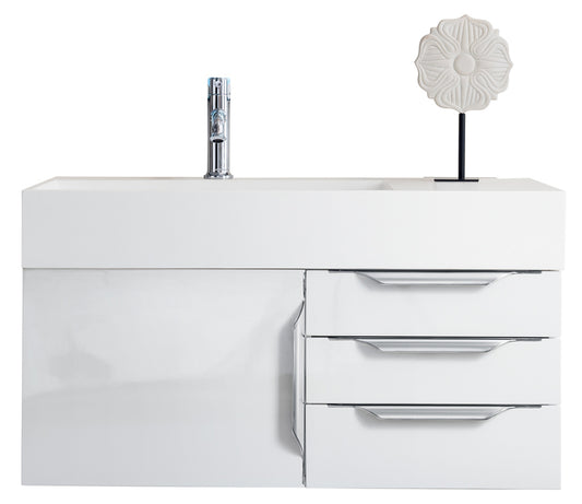 Columbia 36" Single Wall Mount Vanity, Glossy White, Brushed Nickel w/ Glossy White Composite Stone Top