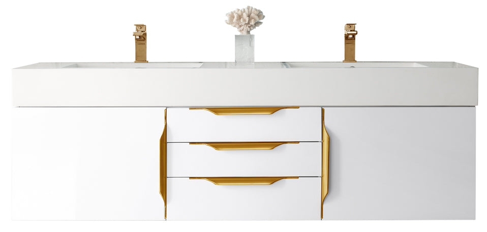 Columbia 59" Double Wall Mount Vanity, Glossy White, Radiant Gold w/ Glossy White Composite Stone Top