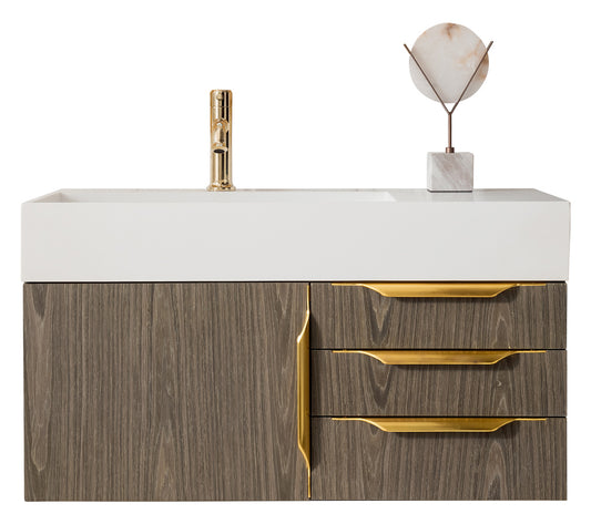 Columbia 36" Single Wall Mount Vanity, Ash Gray, Radiant Gold w/ Glossy White Composite Stone Top